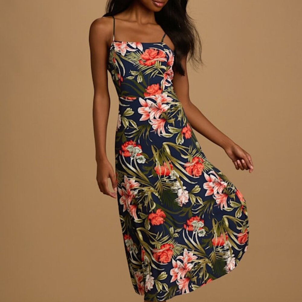 Lulus The Perfect Getaway Navy Blue Floral Print Tie-back Midi Dress - Size S
